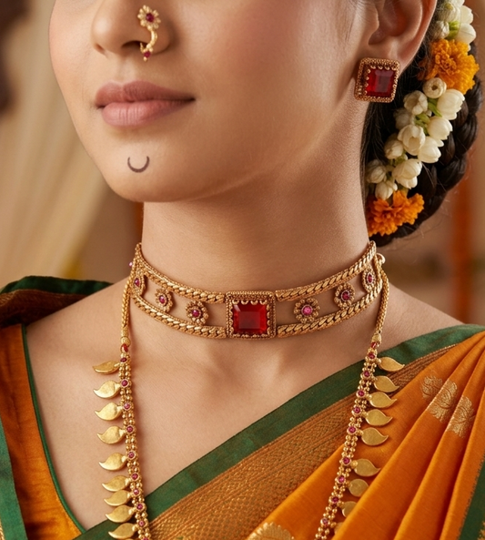 Manik Choker Necklace Set – Antique Gold Plated Red Square Crystal Stone with Stud Earrings | Maharashtrian Bridal Jewellery | Jija Jewellery