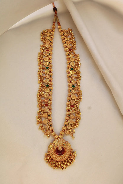 Gold plated Kolhapuri Saaj necklace with intricate Maharashtrian design.