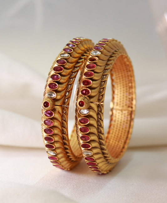22KT Gold Plated Kundan Stone Bangles with Ruby Red Stones – Traditional Bridal Jewellery