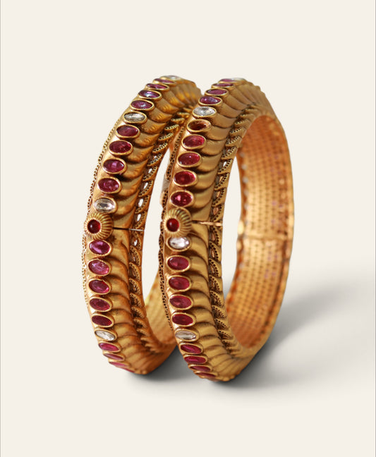 Kundan Ruby Gold Bangles | Openable Bridal Bangle Set | Pair of 2 | Jija Jewellery