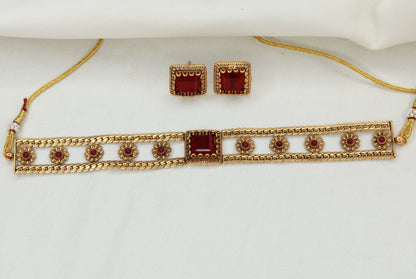 Traditional Maharashtrian Manik Choker Necklace – Antique Gold Red Stone with Adjustable Cord Tie-Up | Jija Jewellery