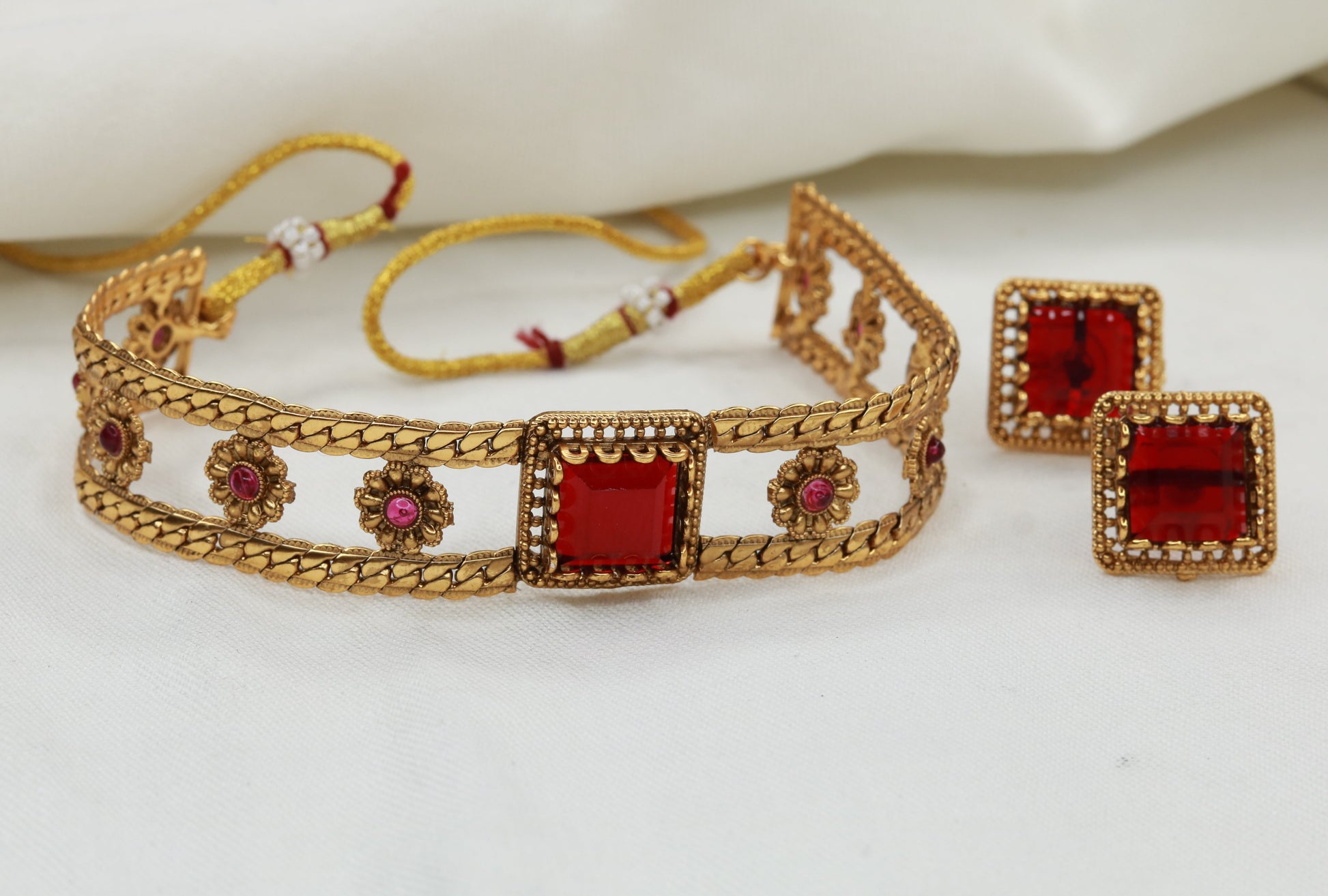 Square Red Stone Stud Earrings from Manik Choker Set – Antique Gold Plated Maharashtrian Bridal Jewellery | Jija Jewellery