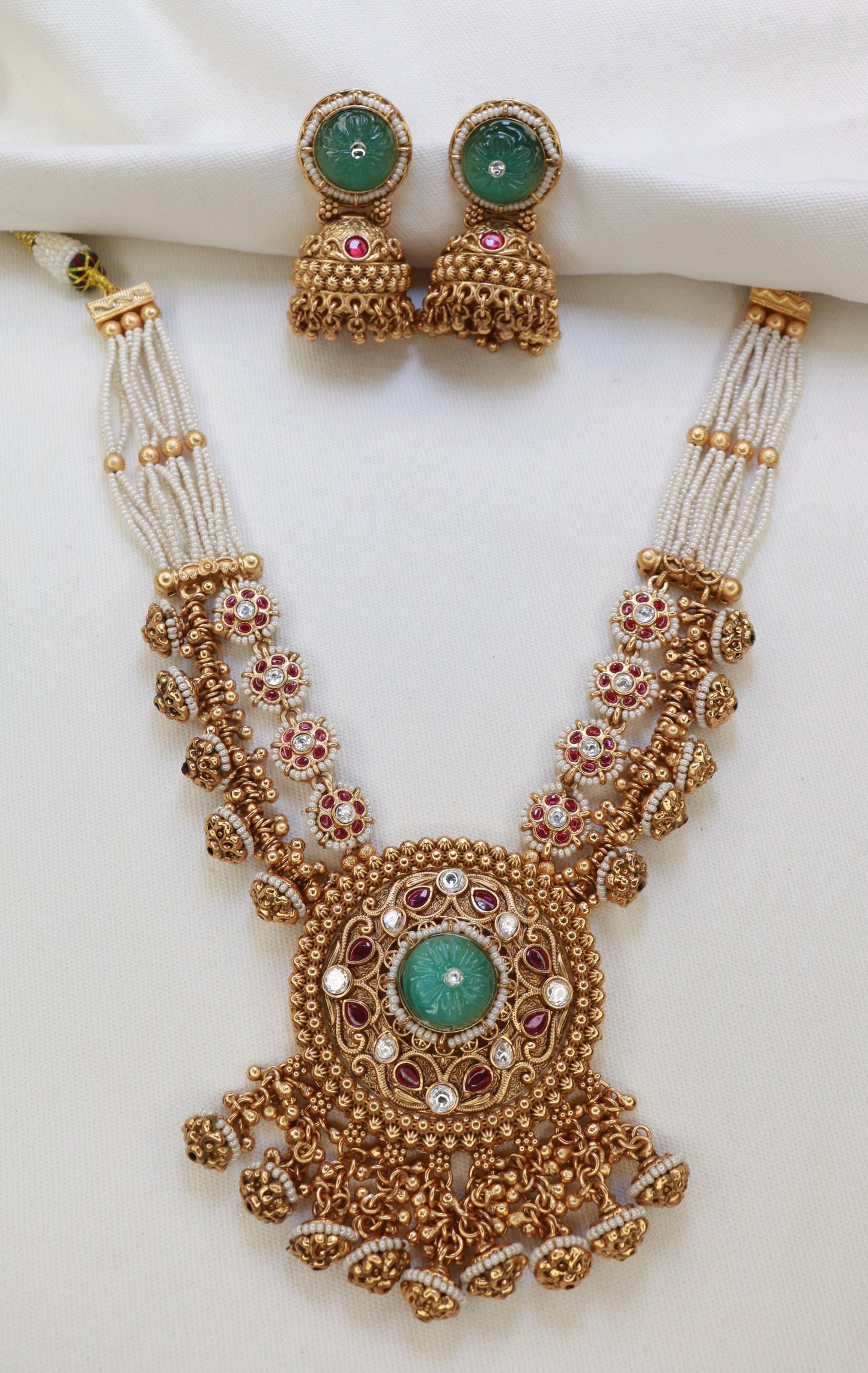 Antique Gold Pearl & Kundan Jhumka Necklace Set