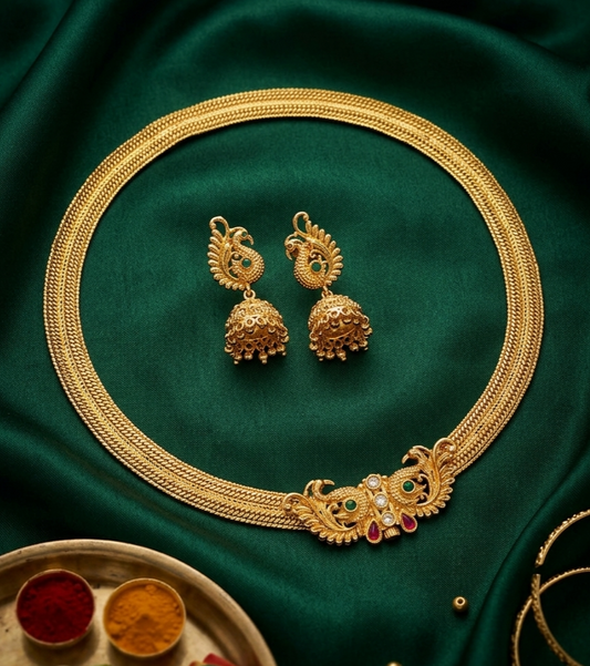 Traditional Peacock Chitang Necklace Set - Gold Plated Anti-Tarnish Front View