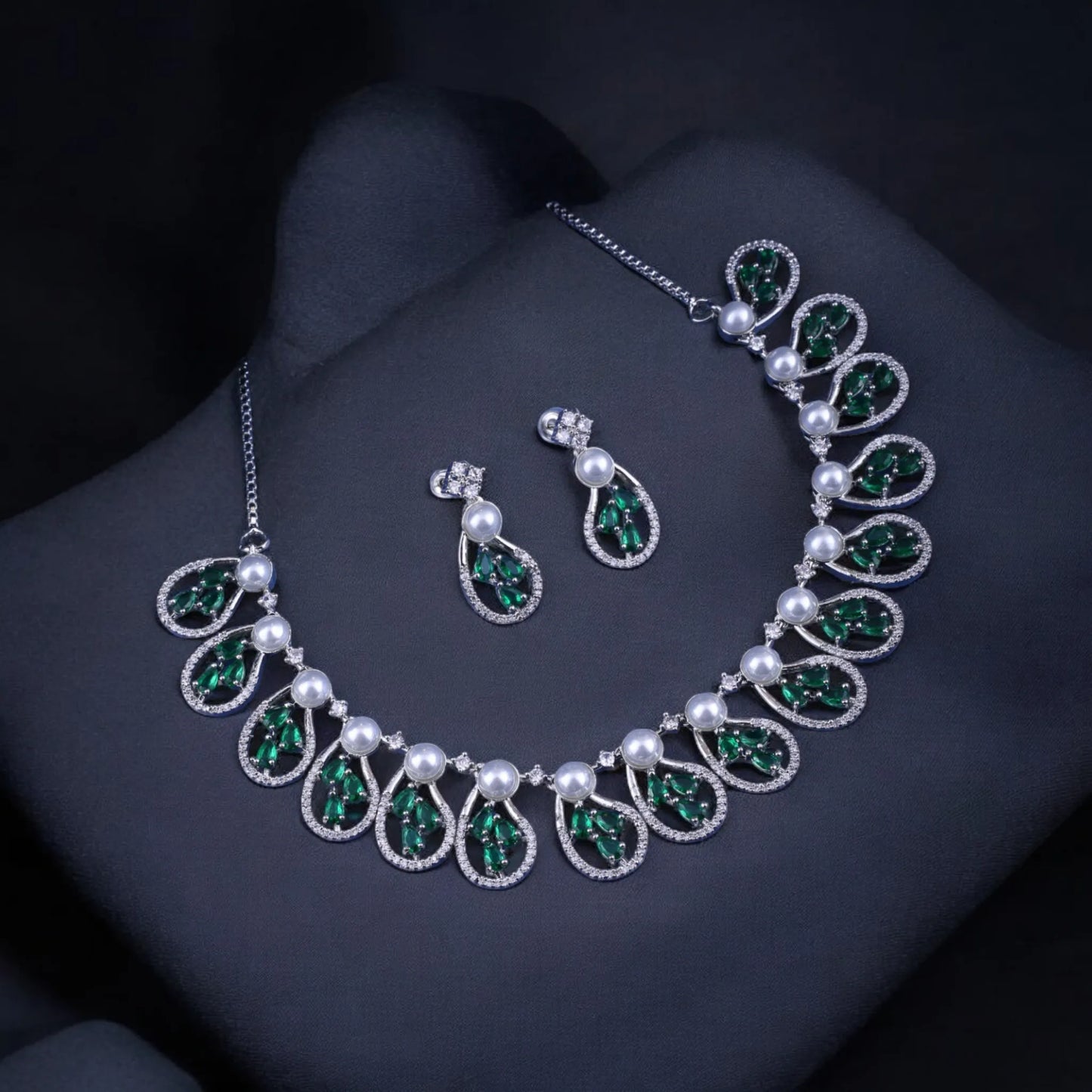 Green CZ Stones & Pearls Studded Necklace – Rhodium Plated | Ethnic Festive & Wedding Jewellery for Women