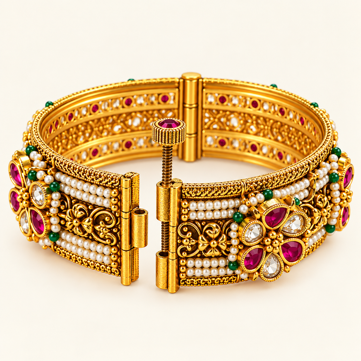 Openable screw kada with gold filigree side panel and hinge – bridal kundan bangles