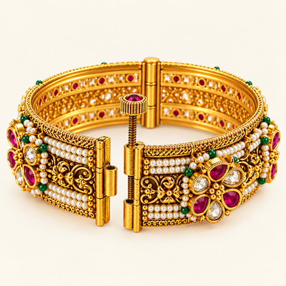 Openable screw kada with gold filigree side panel and hinge – bridal kundan bangles