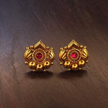 Maharashtrian Thushi choker necklace with ruby-red stone and matching lotus stud earrings, antique gold plated