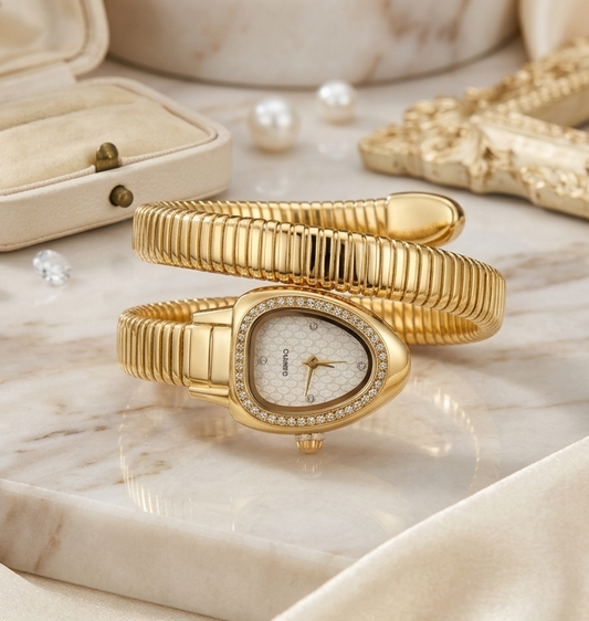 Golden serpent snake bracelet watch with white dial on wrist