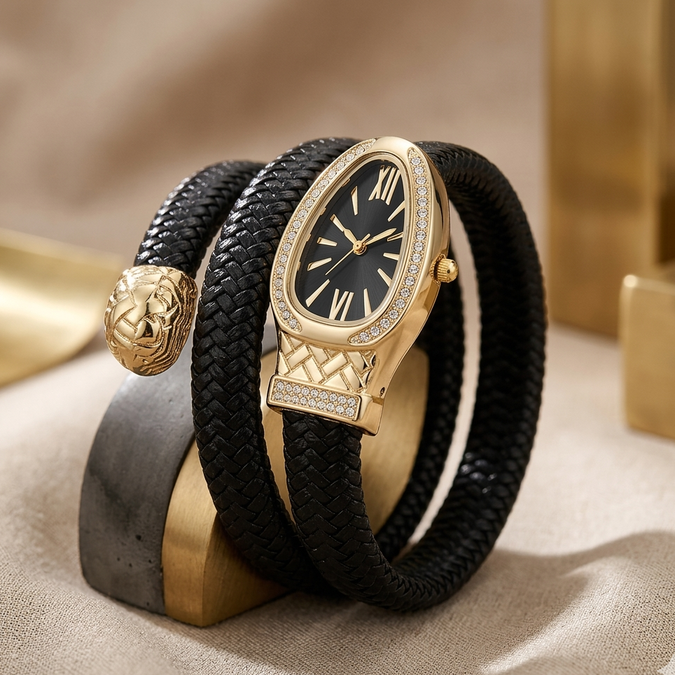Twist & Coil Luxe Snake Watch for Women - Gold Plated Black Leather Wrap Wrist Watch by Jija Jewellery