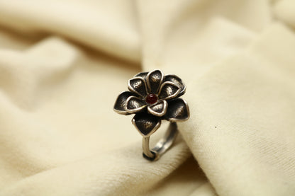 Silver Blossom Finger Ring – 92.5 Pure Silver | Oxidized Adjustable Handcrafted Ethnic Ring for Women