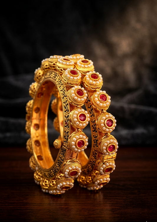 Ethnic Pearl Royale Kada – Gold Plated Rajasthani Inspired Pearl Bangles for Wedding & Festive Wear