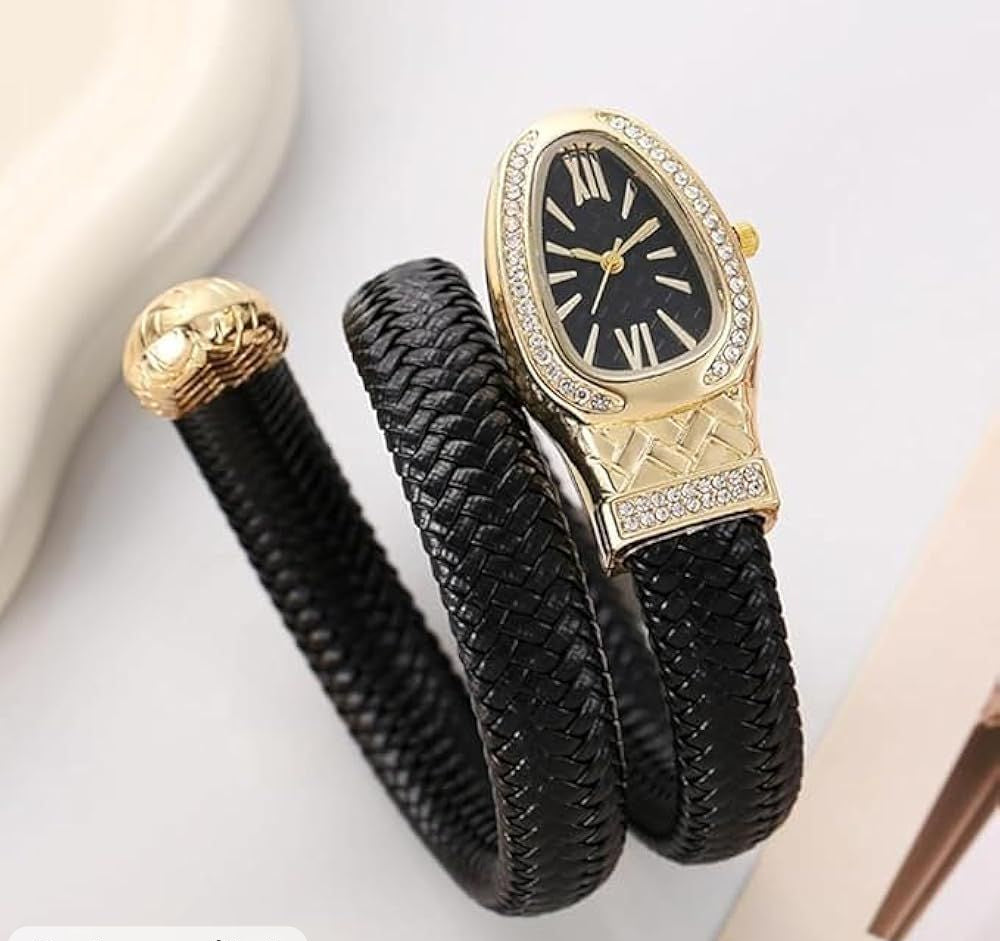 Close-up of Snake Coil Design Gold Plated Anti-Tarnish Watch with Black Leather Belt - Jija Jewellery