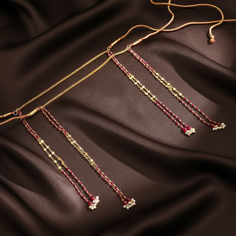 A pair of traditional Maharashtrian Mundavalya featuring gold-plated metal accents and shimmering white crystal stones, designed for bridal wear