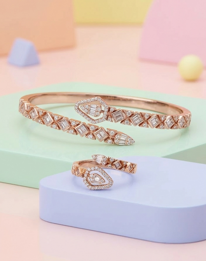 Luxe Aura 925 sterling silver rose gold bracelet and ring set with Masonite stones - Jija Jewellery
