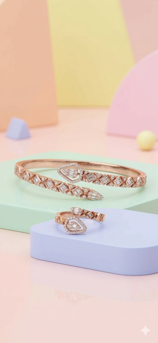 Luxe Aura Silver Bracelet & Ring Set (Rose Gold Plated)