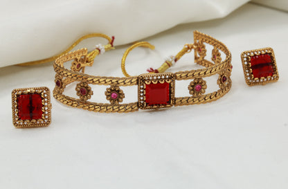 Manik Choker Necklace Set Close-Up – Bold Red Square Stone in Antique Gold Bezel with Floral Chain | Jija Jewellery