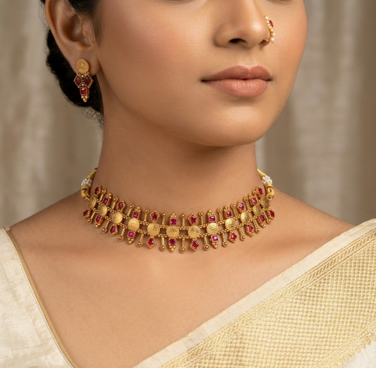 Gold plated Lakshmi coin choker necklace set with stud earrings – Maharashtrian traditional jewellery close-up