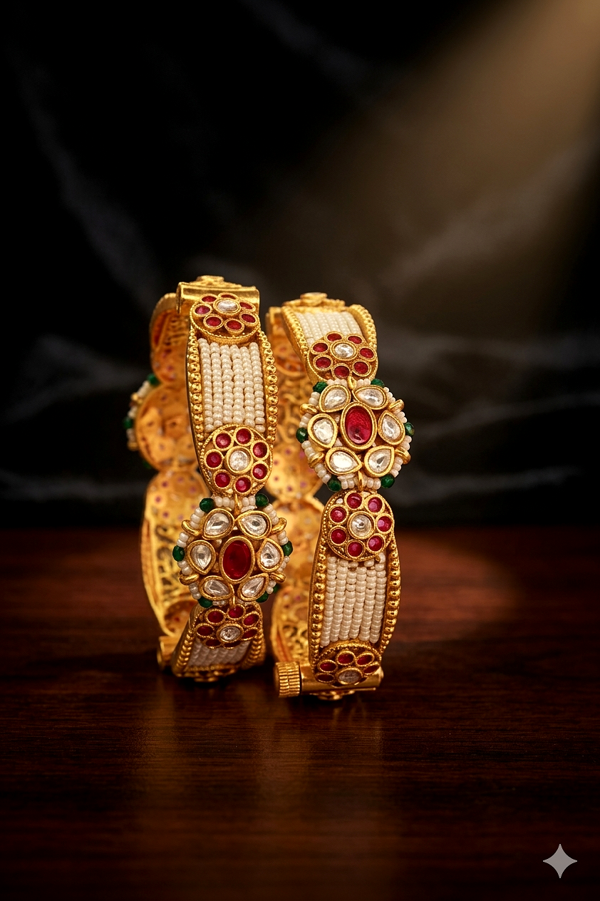 Rajwadi Moti Heritage Kada Gold Plated Pearl Bangle for Weddings – Jija Jewels