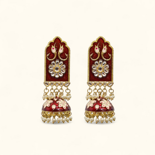 Red Meena Work Zumka Earrings