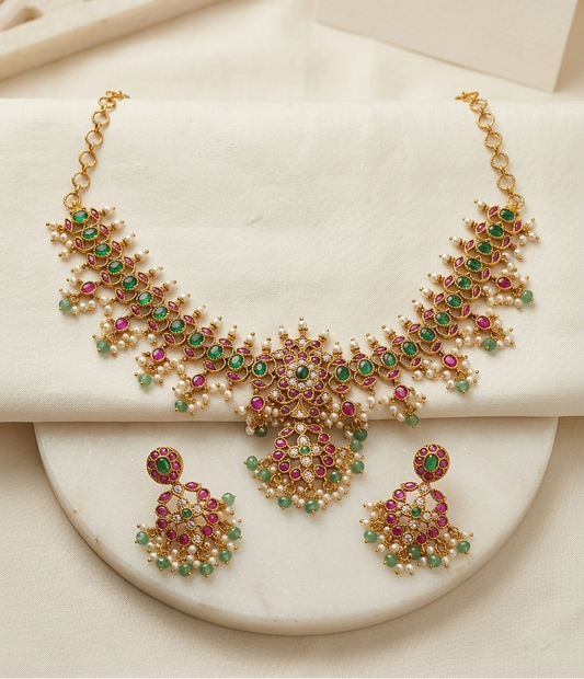 Pachi Kundan Bridal Necklace Set with Earrings – Ruby, Emerald & Pearl