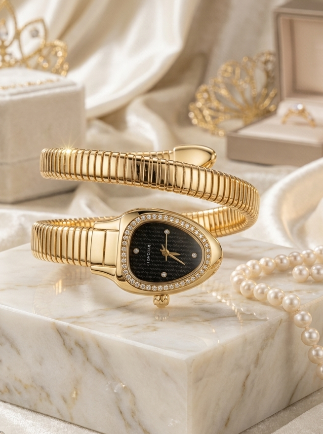 Black snake wrap watch — luxury serpent coil bracelet for women by Jija Jewels