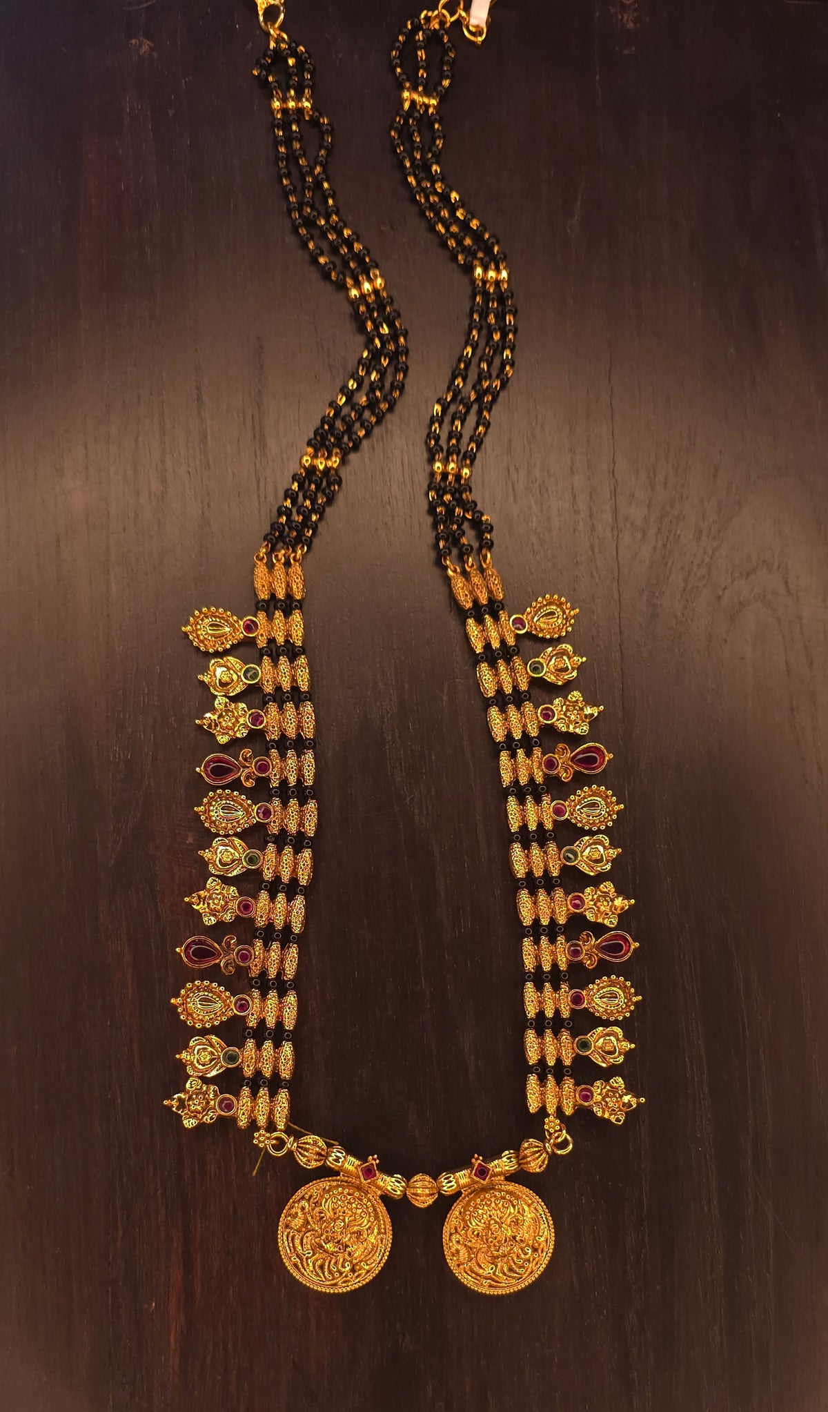 Kolhapuri Saaj inspired 12 inch long mangalsutra with double Lakshmi coin pendant, black beads and antique gold charms – Maharashtrian jewellery by Jija