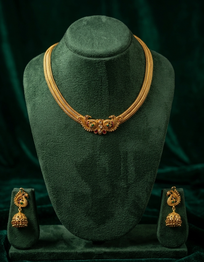 Peacock Motif Gold Plated Necklace Set – Festive Indian Jewellery | Jija Jewellery