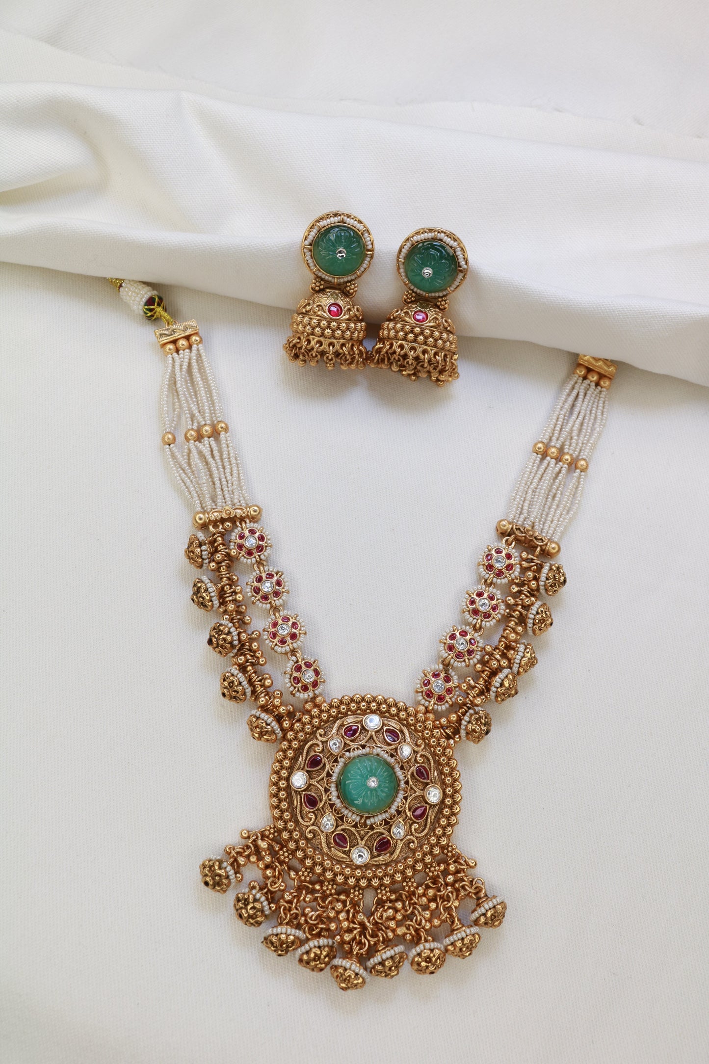 Antique Gold Pearl & Kundan Jhumka Necklace Set