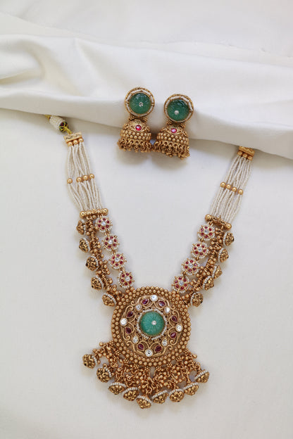 Antique Gold Pearl & Kundan Jhumka Necklace Set