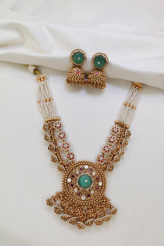 Antique Gold Pearl & Kundan Jhumka Necklace Set