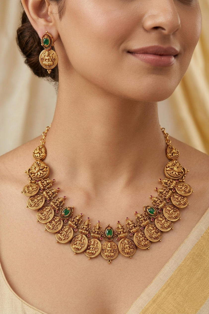 Woman wearing gold plated Laxmi Putali temple necklace by Jija Jewels — South Indian bridal jewellery with Goddess Lakshmi coin pendants