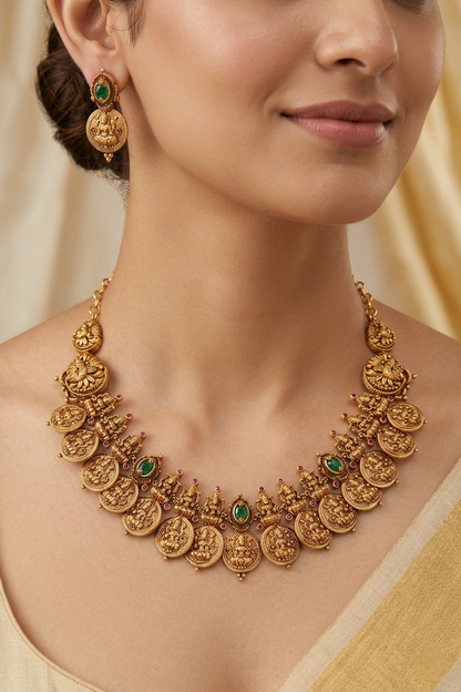 Woman wearing gold plated Laxmi Putali temple necklace by Jija Jewels — South Indian bridal jewellery with Goddess Lakshmi coin pendants