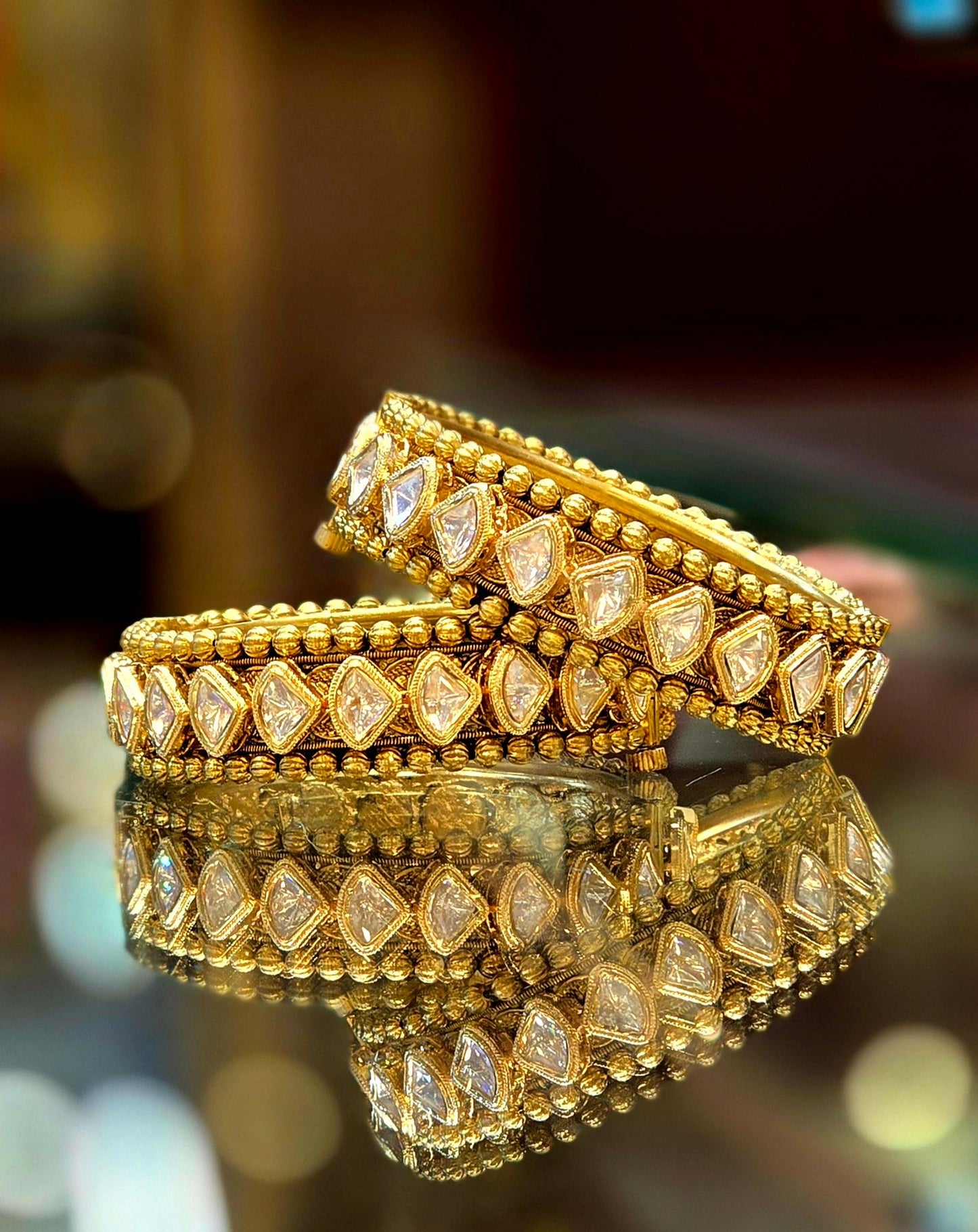 Close-up of moissanite stones in Kundan setting on Royal Bangles by Jija Jewellery