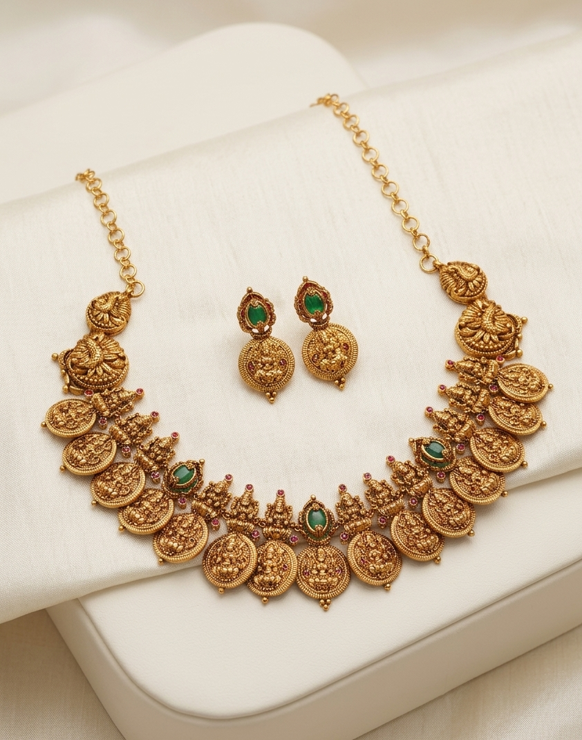 Close-up of Goddess Lakshmi coin pendant on gold plated Putali necklace — intricate temple jewellery craftsmanship by Jija Jewels