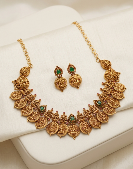 Close-up of Goddess Lakshmi coin pendant on gold plated Putali necklace — intricate temple jewellery craftsmanship by Jija Jewels
