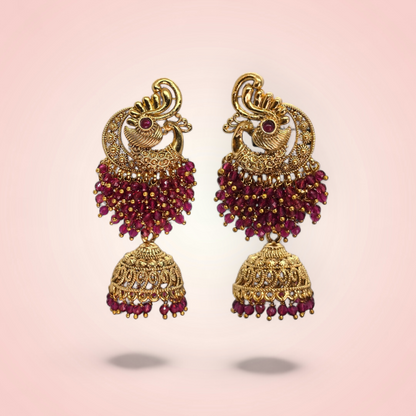 Peacock Red Crystal Crafted Zumka – Gold Plated | Ethnic Festive & Wedding Jhumki Earrings for Women