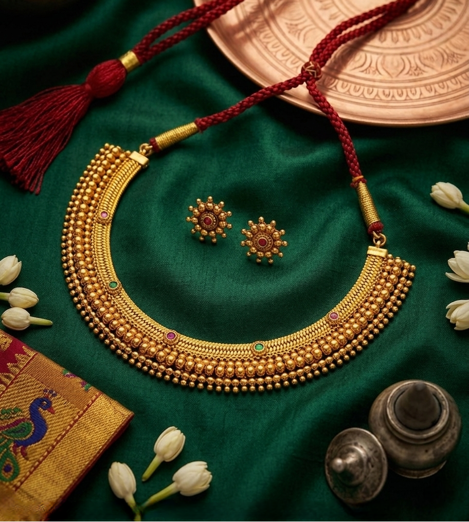 Kolhapuri Thushi Heritage Necklace Set – Traditional Maharashtrian Gold Plated Choker with Ruby & Emerald Stones – Front View