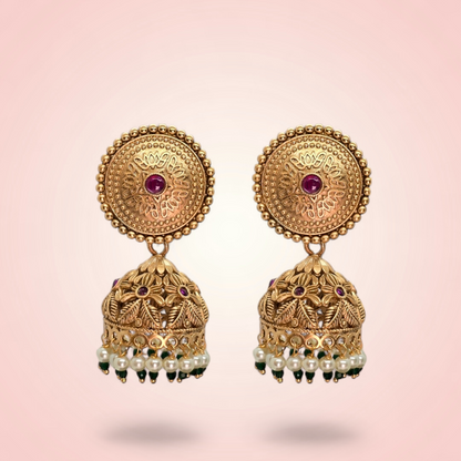 Gold Plated Zumka Earrings with intricate floral design and pearl accents, perfect for weddings and special occasions from RN.