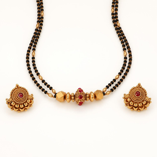 Ruby gold mangalsutra triple strand black bead chain with ornate pendant and matching stud earrings