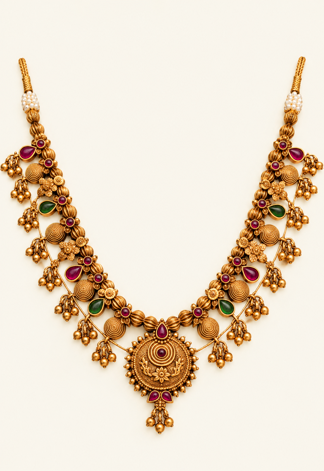 Saaj gold plated necklace for women with red and green accents and round pendant