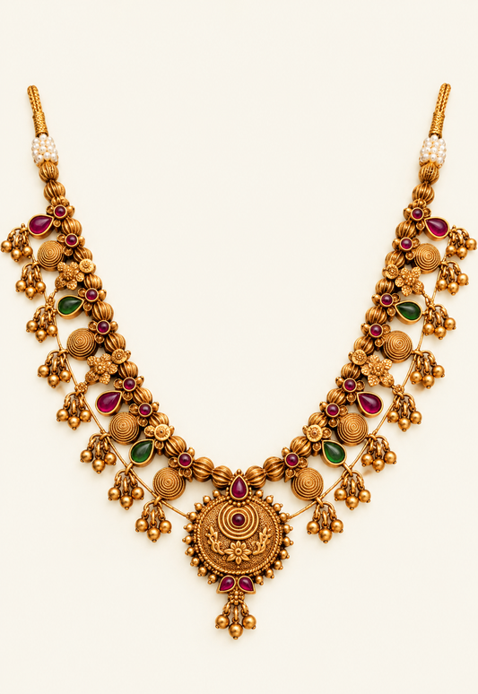 Saaj gold plated necklace for women with red and green accents and round pendant