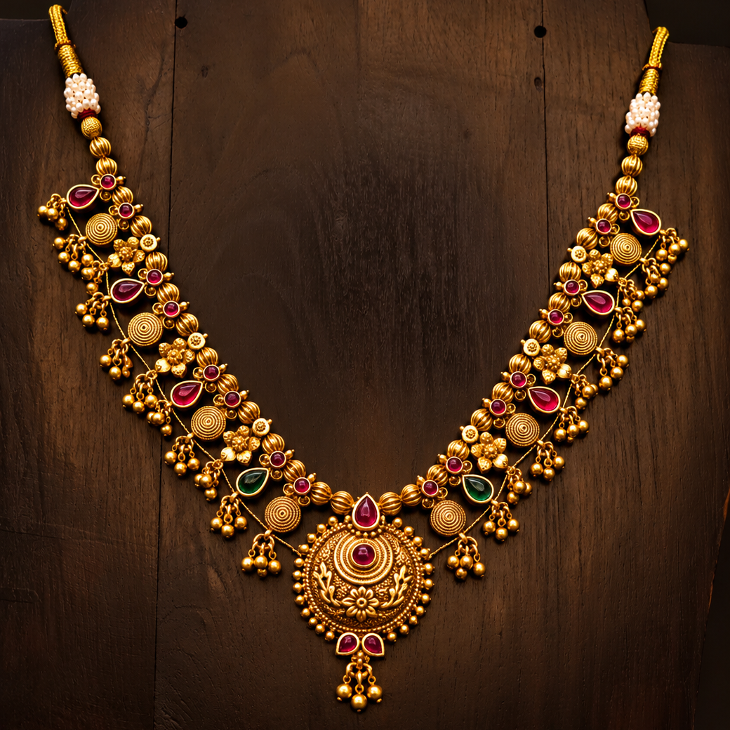 Saaj traditional gold plated necklace with dangling gold-tone beads, close-up