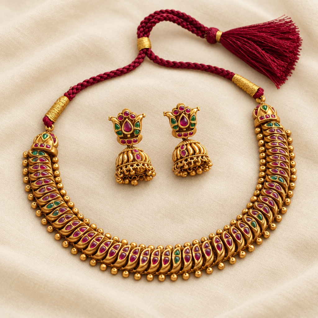 Close-up of lotus jhumka earrings with ruby-red kemp and emerald-green stones – Shinde Shahi set