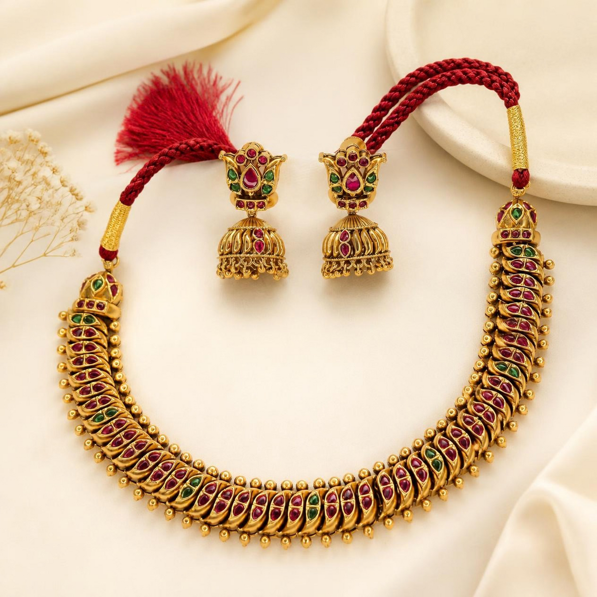 Shinde Shahi kemp choker necklace set with jhumka earrings – antique gold-plated bridal jewellery by Jija Jewellery