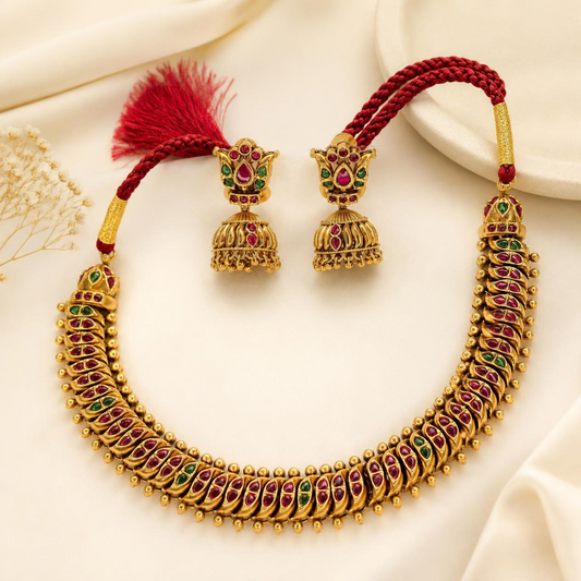 Shinde Shahi kemp choker necklace set with jhumka earrings – antique gold-plated bridal jewellery by Jija Jewellery