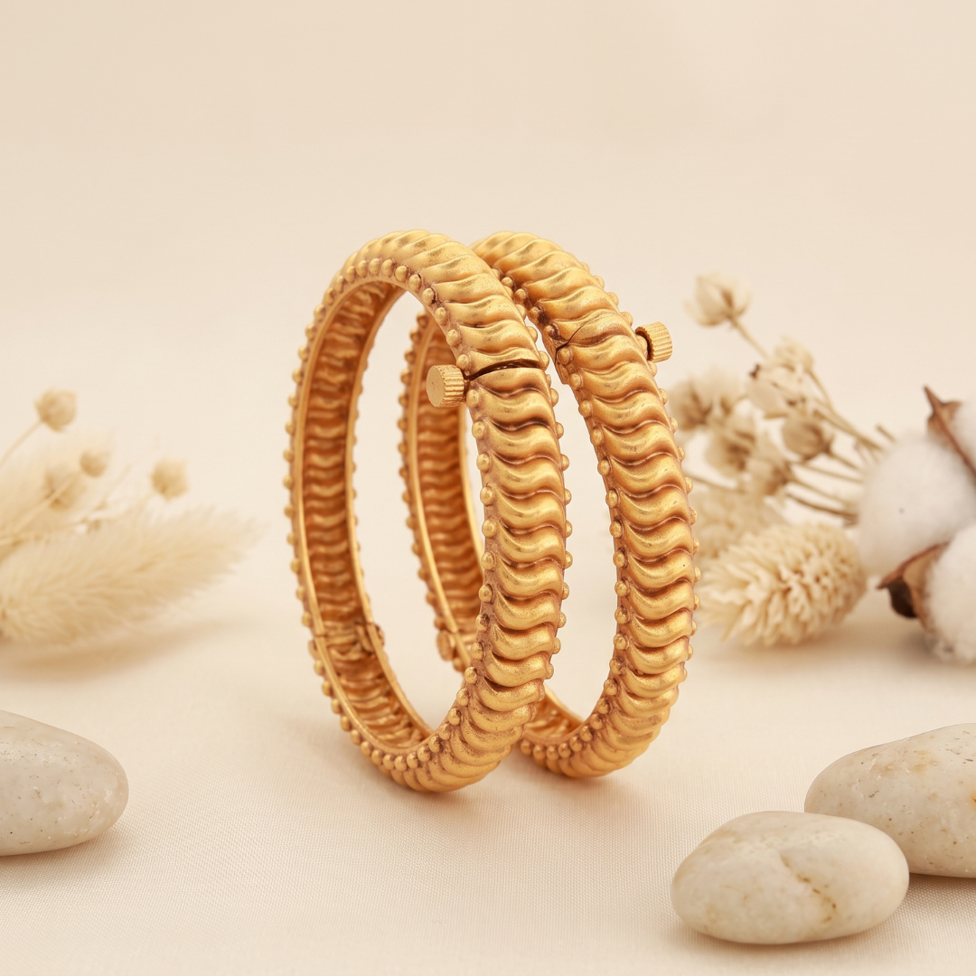 Shindeshahi tode bangles – antique matte gold plated Maharashtrian tode pair by Jija Jewellery