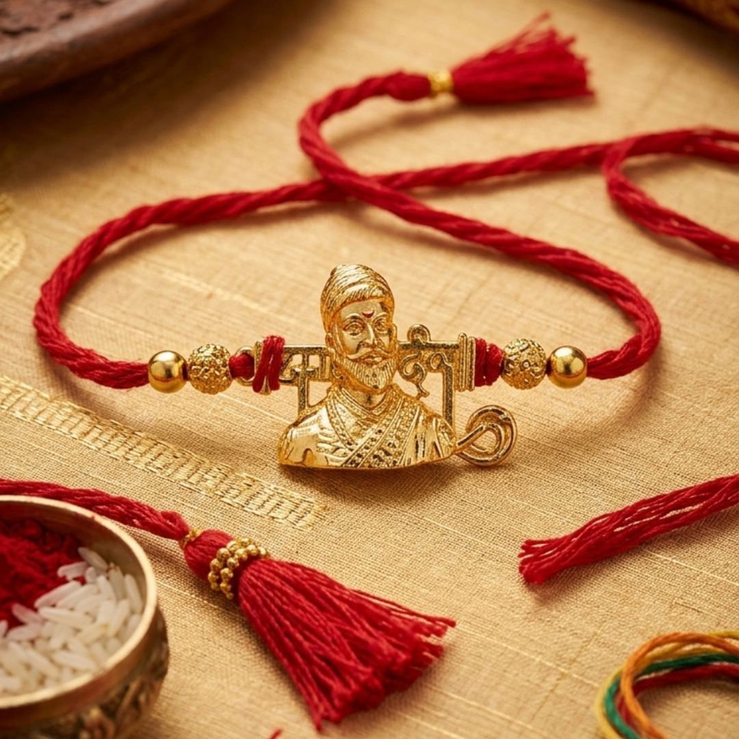 Shivaji Maharaj gold-plated rakhi worn on wrist — Maharashtrian heritage Rakshabandhan gift, Jija Jewellery