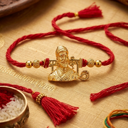 Shivaji Maharaj gold-plated rakhi worn on wrist — Maharashtrian heritage Rakshabandhan gift, Jija Jewellery