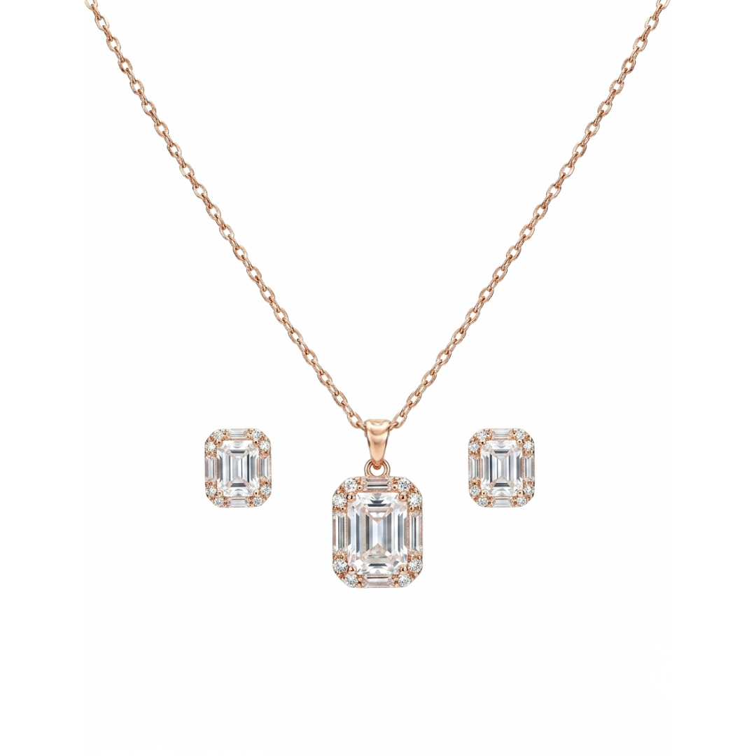 Close-up of rose gold emerald-cut cubic zirconia halo pendant with sparkling CZ frame
